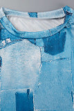 Ковбойский синий Повседневный принт Пэчворк О-образный вырез С коротким рукавом Из двух частей