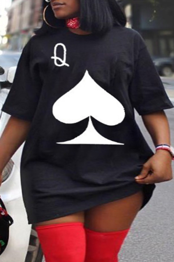 Schwarzes, lässiges Street-Print-Patchwork-T-Shirt-Kleid mit O-Ausschnitt, Kleider in Übergröße