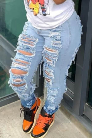 Blue Casual Street Solid Ripped Make Old Patchwork High Waist Denim Jeans