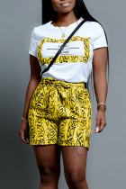 Jaune Casual Street Print Patchwork O Neck Short Sleeve Two Pieces