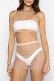 White Sexy Solid Patchwork See-through Beading Hot Drill O Neck Sleeveless Two Pieces