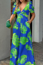 Turquoise elegante print patchwork v-hals rechte jumpsuits