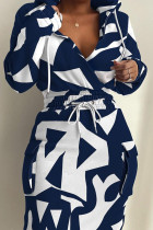 Blanc Bleu Casual Street Print Patchwork Draw String Hooded Collar Plus Size Robes