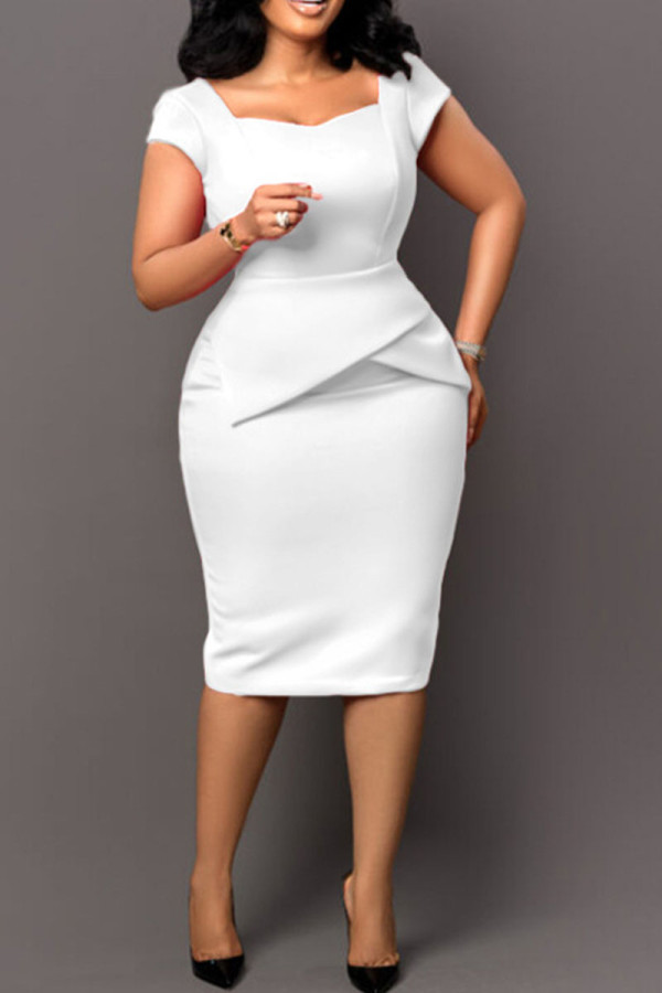 Vestidos de falda de un paso con cuello cuadrado de patchwork sólido elegante blanco