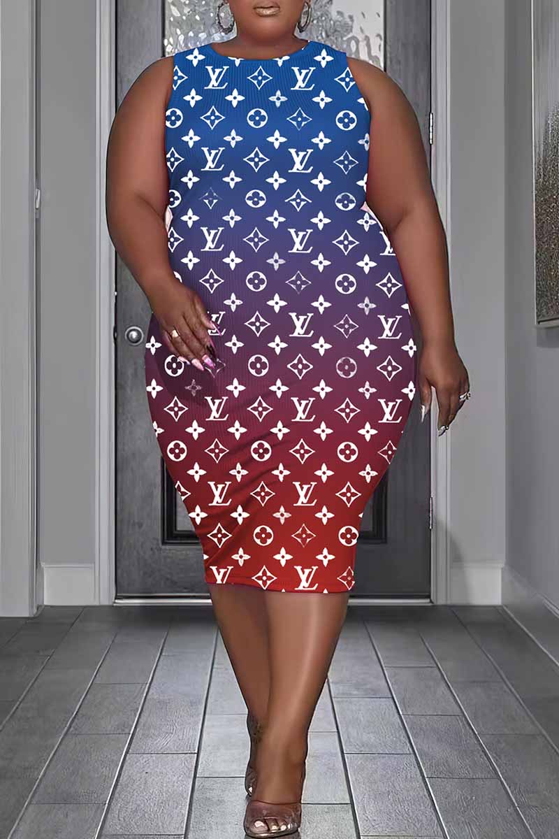 

Red Blue Elegant Gradual Change Print Letter O Neck One Step Skirt Plus Size Dresses