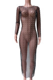 Skin Color Sexy Solid Patchwork See-through Beading O Neck Straight Dresses