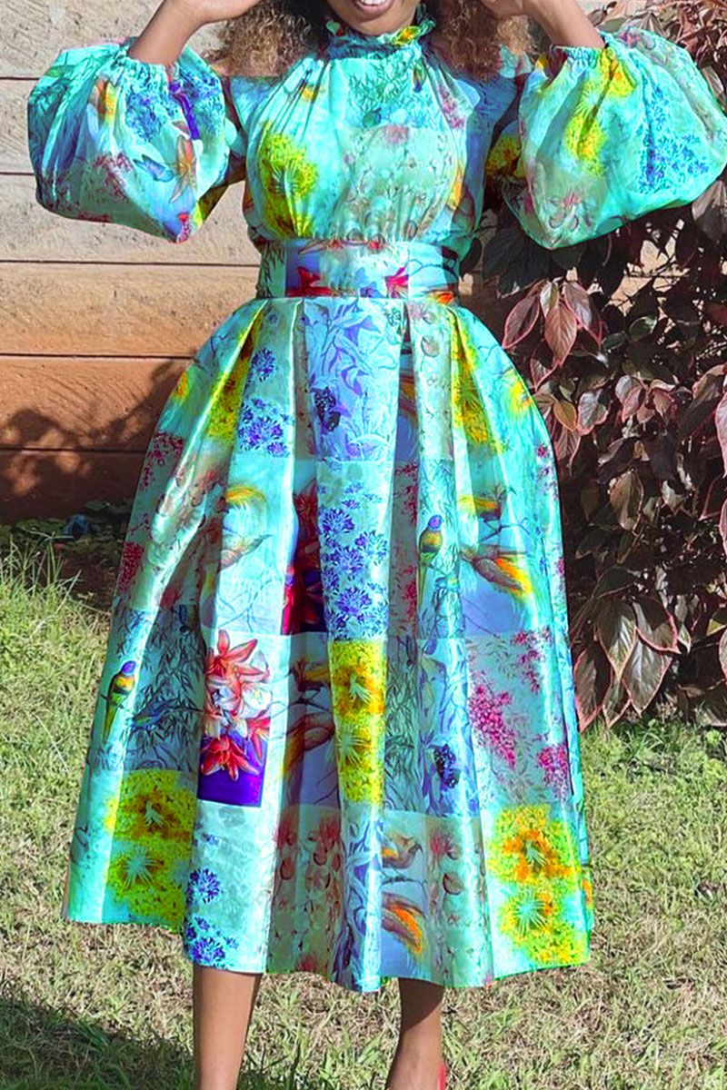 

Green Elegant Print Patchwork Mandarin Collar Printed Dress Dresses