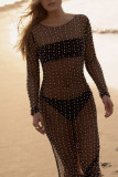 Black Sexy Solid Patchwork See-through Beading O Neck Straight Dresses