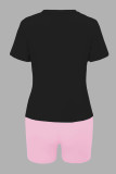 ブラック ピンク カジュアル プリント ドローストリング Oネック 半袖 XNUMXピース