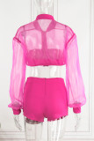 Rose Red Sexy Solid Patchwork Zipper Long Sleeve Two Pieces