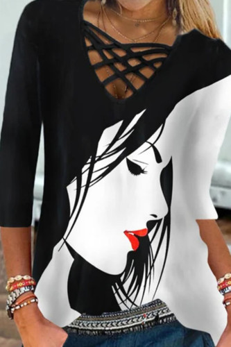 Black Casual Street Print Patchwork V Neck Tops
