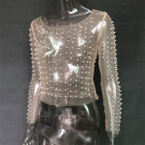 Bare Color Sexy Solid Patchwork See-through Beading O Neck Tops