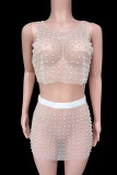White Sexy Solid Patchwork See-through Beading Hot Drill O Neck Sleeveless Two Pieces