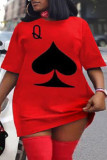 Rotes, lässiges Street-Print-Patchwork-T-Shirt-Kleid mit O-Ausschnitt, Kleider in Übergröße
