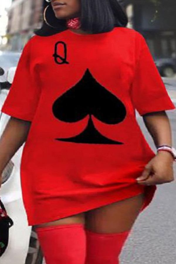 Vestido de camiseta con cuello en O de patchwork con estampado de calle informal rojo Vestidos de talla grande
