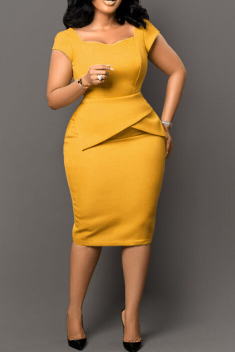 

Yellow Elegant Solid Patchwork Square Collar One Step Skirt Dresses