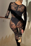Black Sexy Solid Hollowed Out Patchwork See-through O Neck Skinny Jumpsuits(Three Pieces)