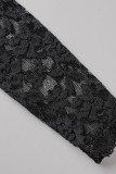 Schwarze, sexy, durchsichtige Patchwork-Bleistiftrockkleider mit V-Ausschnitt