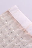 Patchwork sólido sexy branco transparente com miçangas furadeira a quente decote em O sem mangas duas peças