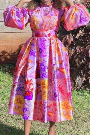 Rose Red Elegant Print Patchwork Mandarin Collar Printed Dress Dresses