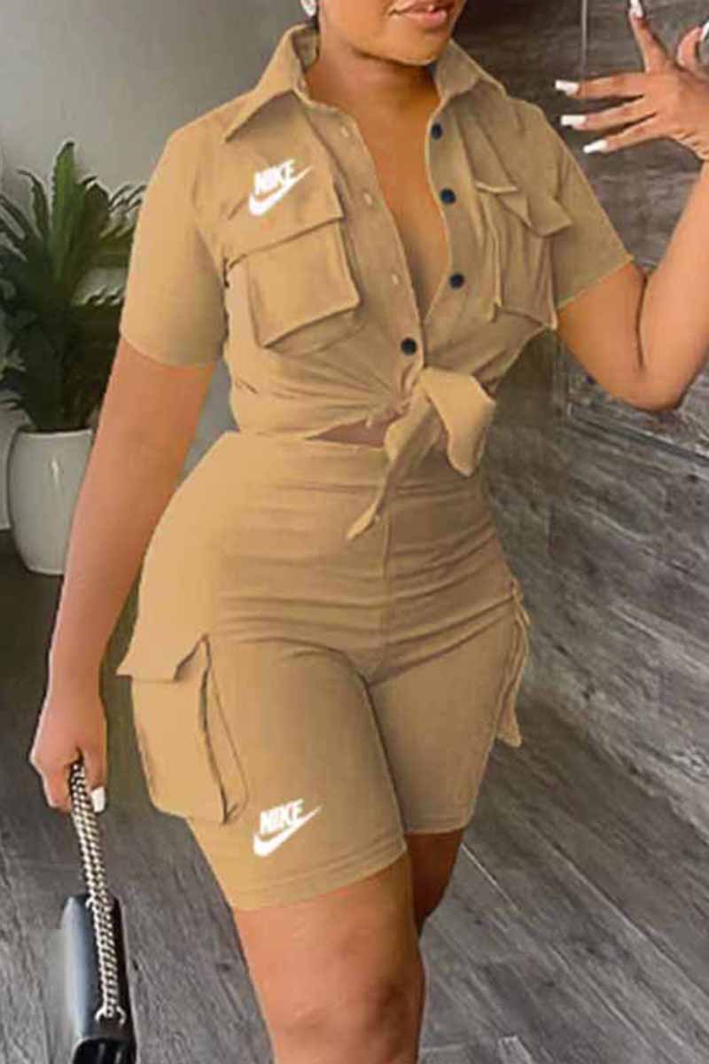 

Khaki Casual Print Letter Turndown Collar Short Sleeve Two Pieces