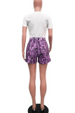 Purple Casual Street Print Patchwork O Neck Short Sleeve Two Pieces