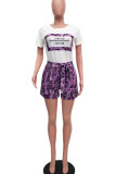 Violet Casual Street Print Patchwork O Neck Short Sleeve Two Pieces