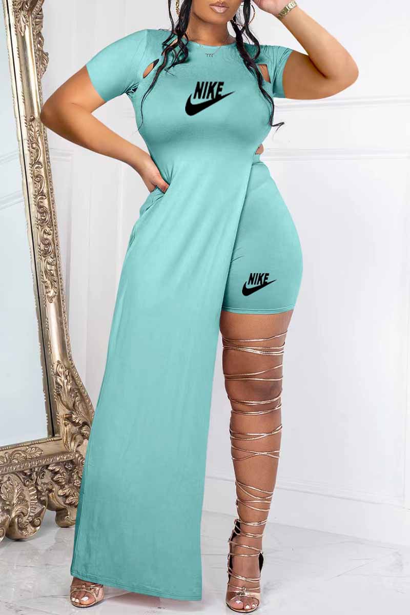 

Lake Blue Sexy Print Slit Letter O Neck Short Sleeve Two Pieces