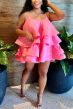 Vestido de fiesta con tirantes finos y volantes lisos bonitos y dulces de talla grande rosa