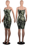 Green Street Camouflage Print Patchwork Spaghetti Strap Pencil Skirt Dresses