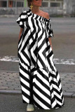 Black White Casual Vacation Striped Fold Printing Off the Shoulder Printed Dress Dresses