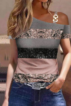Camisetas cuello oblicuo patchwork estampado casual rosa gris