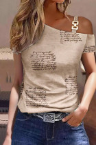 T-shirts à col oblique et patchwork à imprimé décontracté kaki
