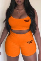 Orange Casual Print Letter Spaghetti Strap Sleeveless Two Pieces