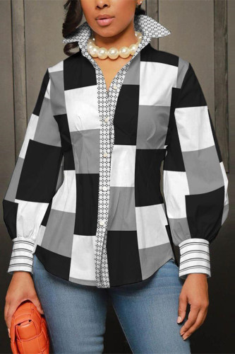 Black White Casual Print Basic Shirt Collar Tops