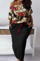 Guld Casual Daily Print Basic Off the Shoulder Plus Size Two Pieces
