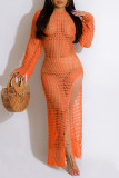 Apricot Sexy Solid Tassel Hollowed Out Patchwork Slit Swimwears Cover Up