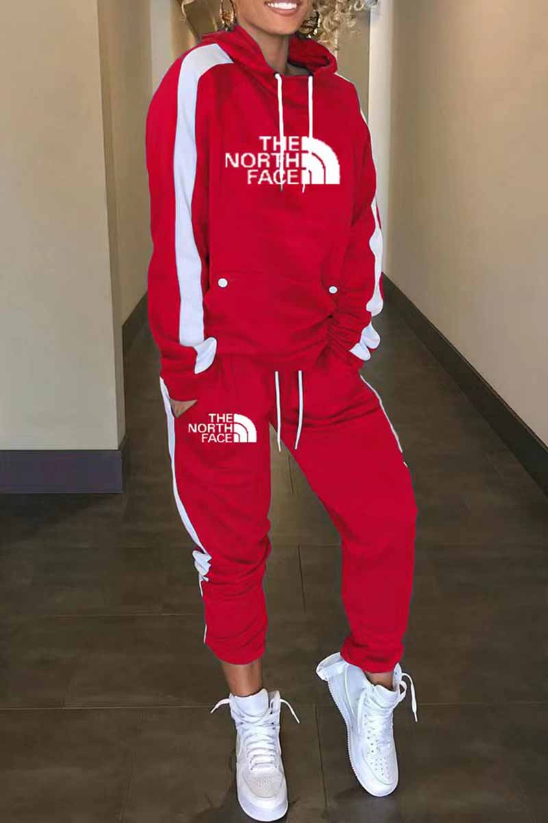 

Red Casual Letter Patchwork Hooded Collar Long Sleeve Two Pieces