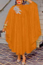 Orange Casual Daily Solid Appliques Beading O Neck Long Dress Dresses