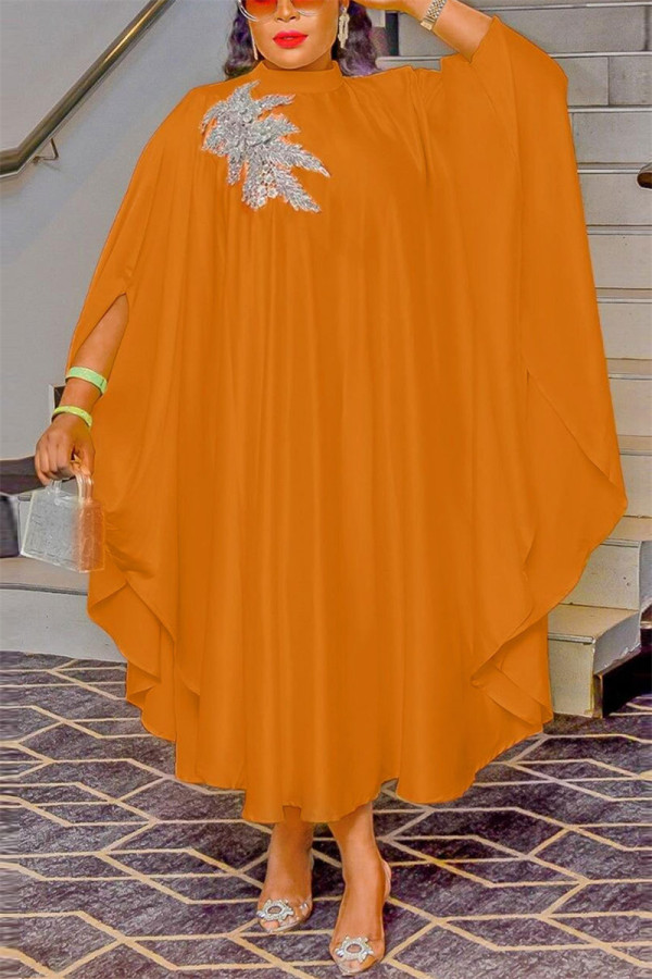 Оранжевые повседневные однотонные аппликации с круглым вырезом и бисером Длинные платья Платья