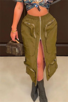 Armeegrün Lässige Kleidung Straße Täglich Einfarbige Tasche Einfarbiger Reißverschluss Normale mittlere Taille Typ H Einfarbige Unterteile