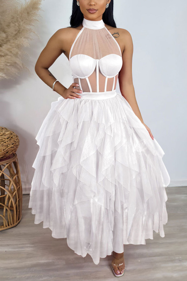 Weißes, sexy, solides, durchsichtiges Mesh-Kleid mit halbem Rollkragen