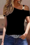 Camisetas con cuello oblicuo de retazos con estampado casual de color caqui