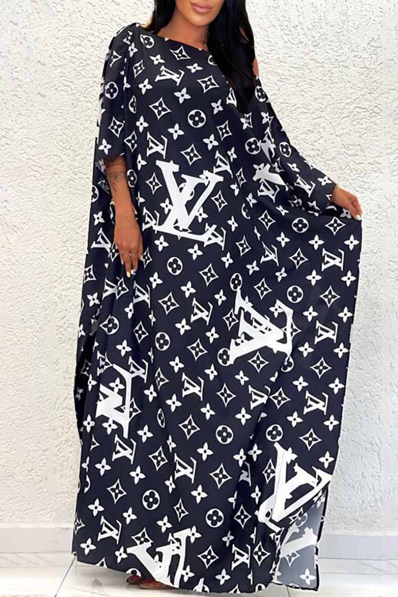 Black Casual Print Letter Off the Shoulder Irregular Dress Dresses
