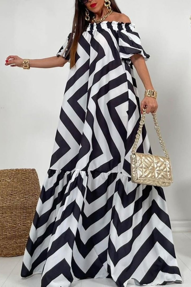 

Black White Casual Vacation Striped Fold Printing Off the Shoulder Printed Dress Dresses