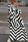 Black White Casual Vacation Striped Fold Printing Off the Shoulder Printed Dress Dresses