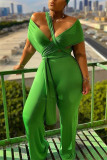 Groene Sexy Eenvoud Effen Bandage Uitgehold Effen Kleur Asymmetrische Kraag Magere Jumpsuits