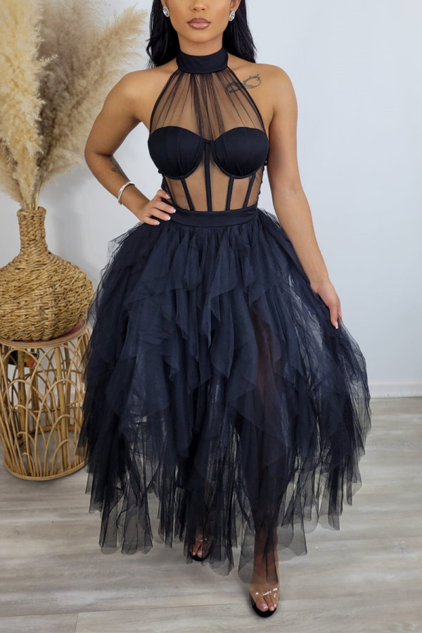 Schwarzes, sexy, solides, durchsichtiges Mesh-Kleid mit halbem Rollkragen