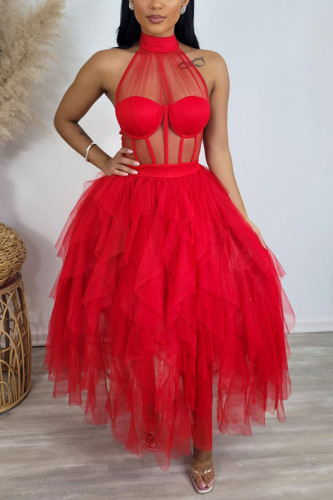 Robes de robe en maille à col roulé rouge sexy solide transparent