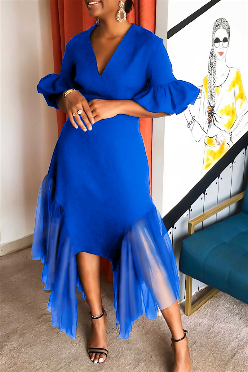 

Blue Sexy Party Simplicity Formal Solid Patchwork Mesh V Neck Ball Gown Dresses